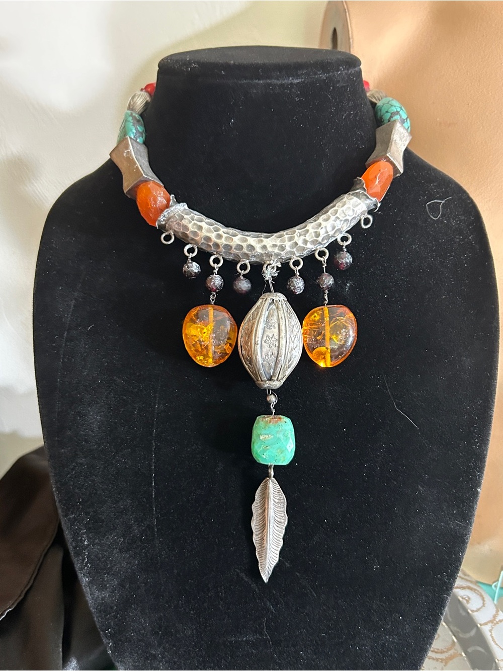Boho Turquoise & Amber Statement Pendant Necklace